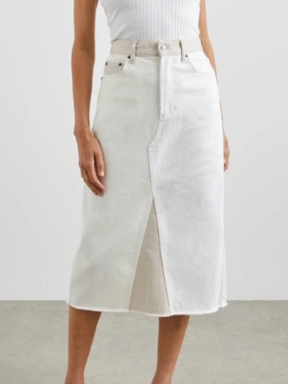 Rails Skirt Women 31 White Colorblock Denim Midi Front Slit Raw Hem Pencil